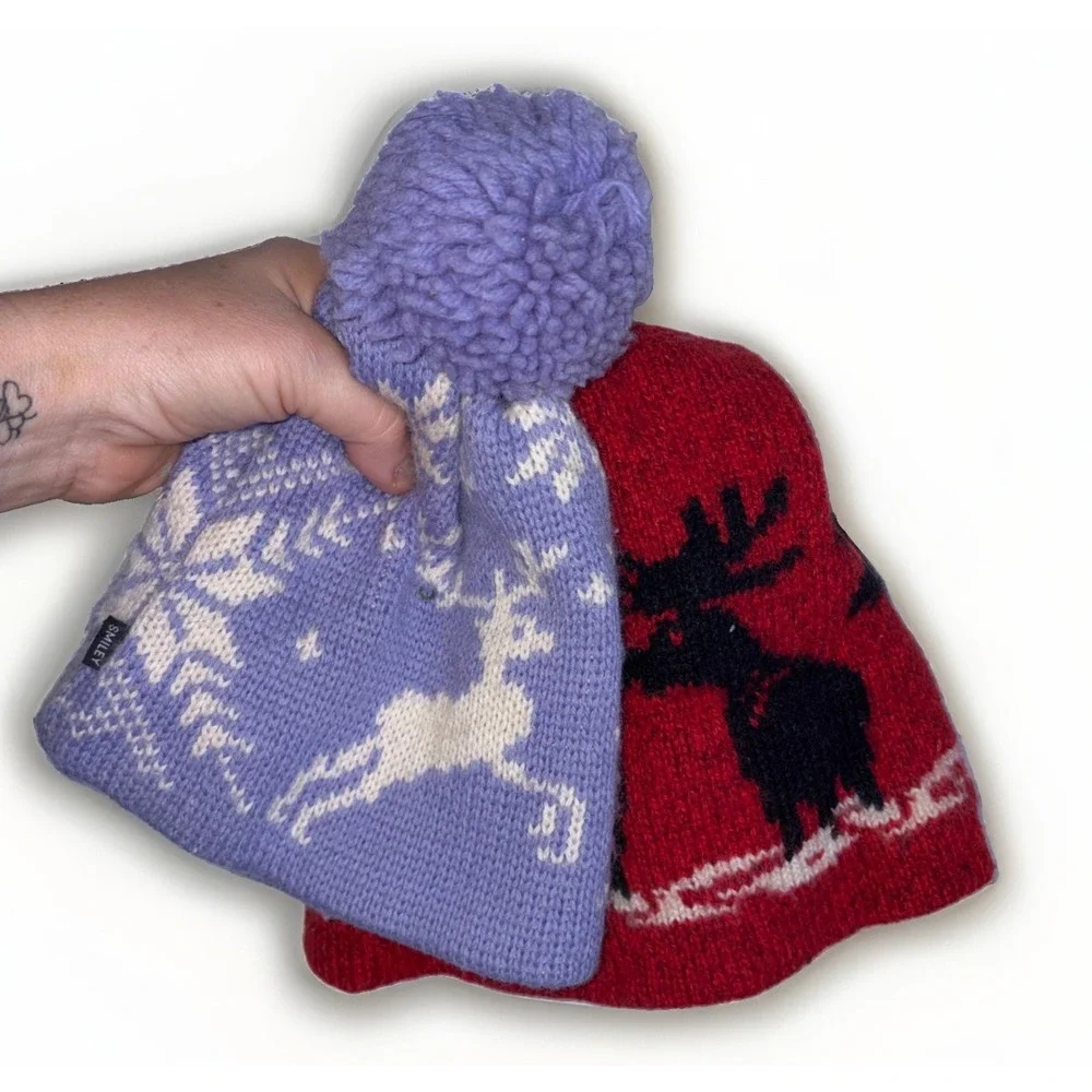 Lot Of 2 Vintage Wool Winter Nordic Beanies Pure Wool Scullcap Style Onesize